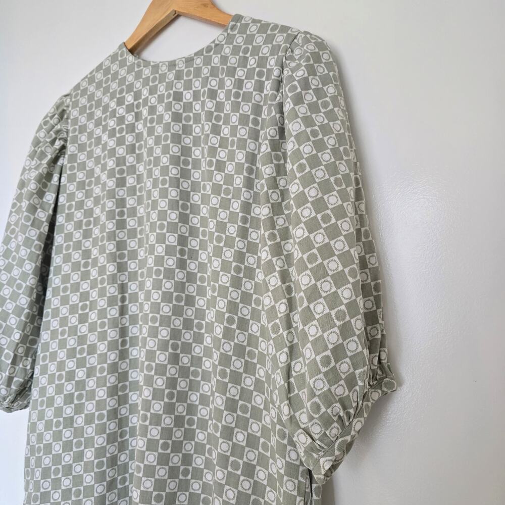 At Dawn Oahu Puff Sleeve Tunic Dress Size S Sage Green Linen Blend Geometric - Picture 3 of 9